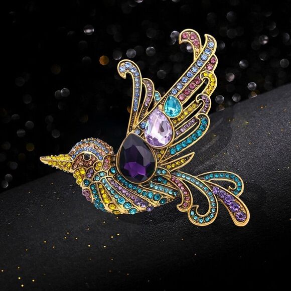 Vibrant Purple, Blue & Green Hummingbird Rhinestone Large Statement Brooch - Picture 1 of 9